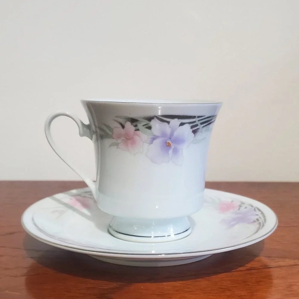 Teacup and saucer set by China Pink & Lavender Flowers discontinued pattern CX65